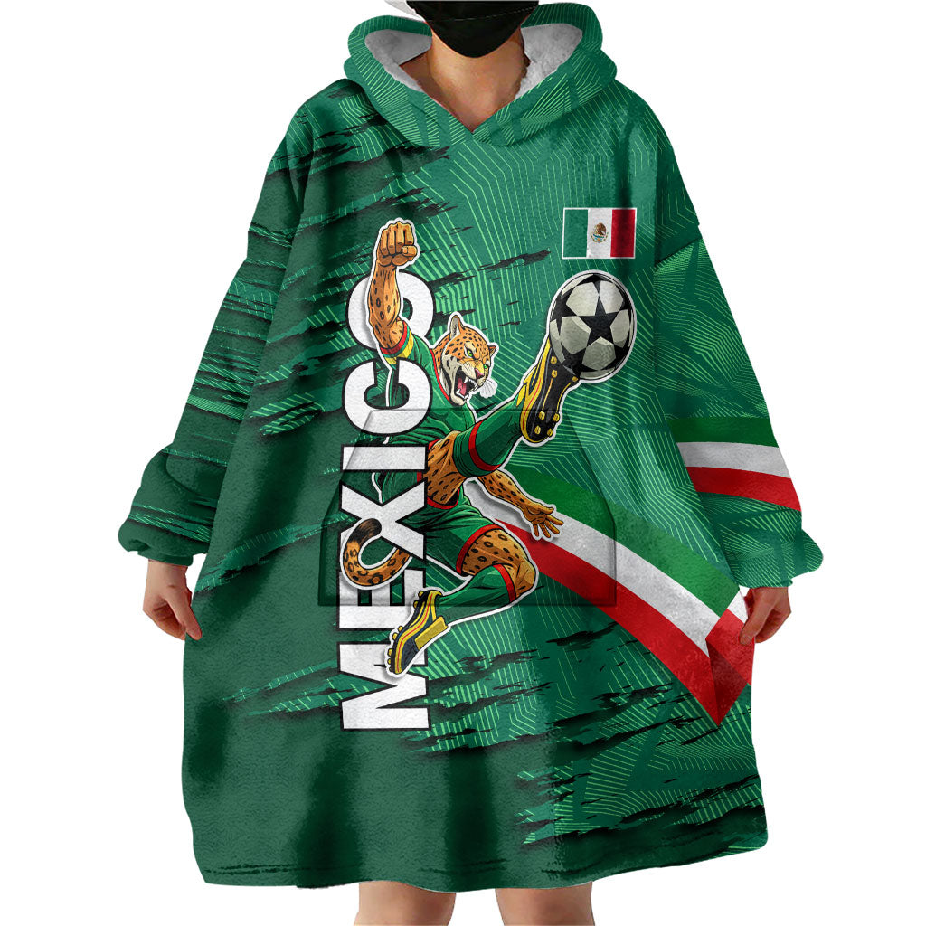 Personalized Mexico Football Wearable Blanket Hoodie Jaguar Mascot Artistic Brush Stroke Texture