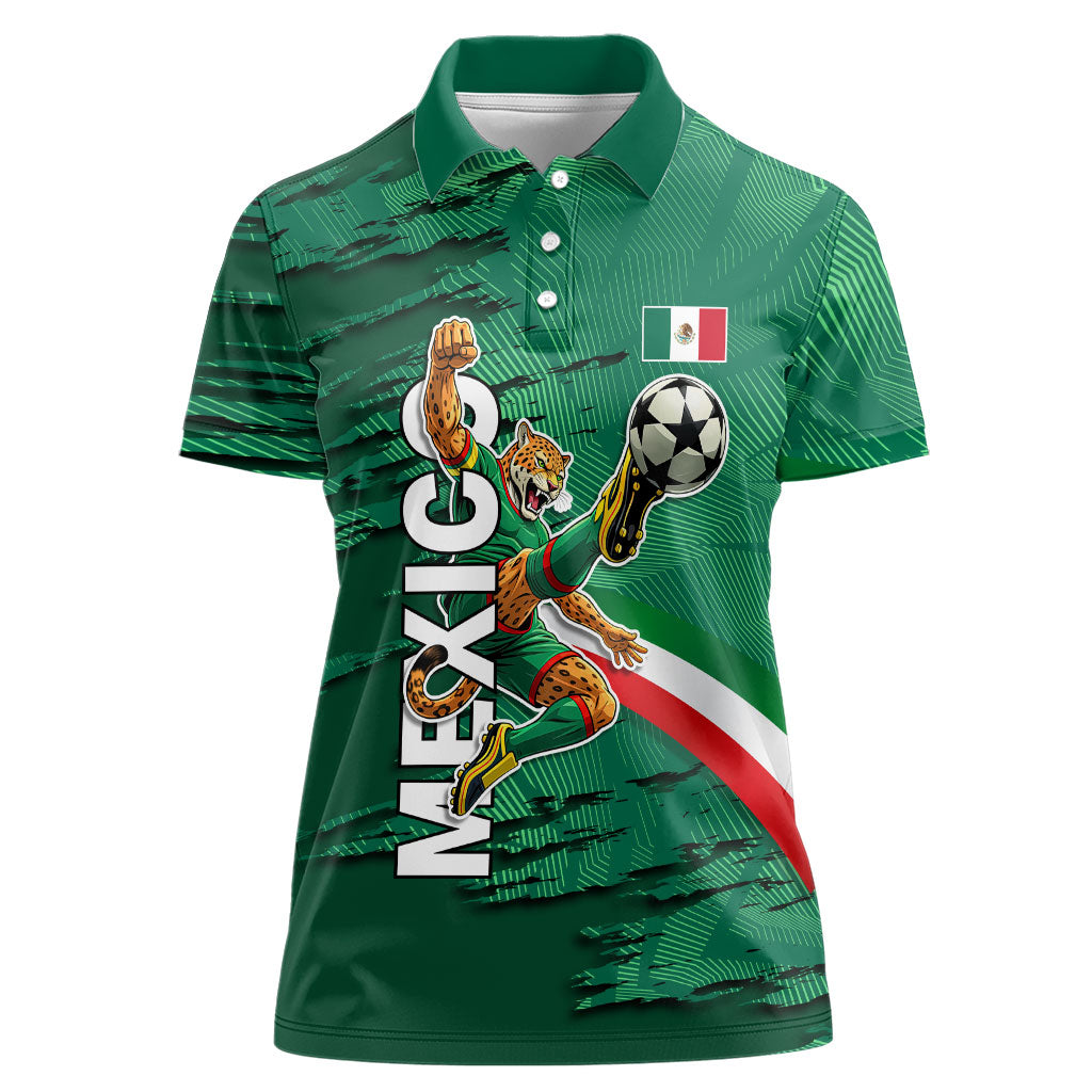 Personalized Mexico Football Women Polo Shirt Jaguar Mascot Artistic Brush Stroke Texture