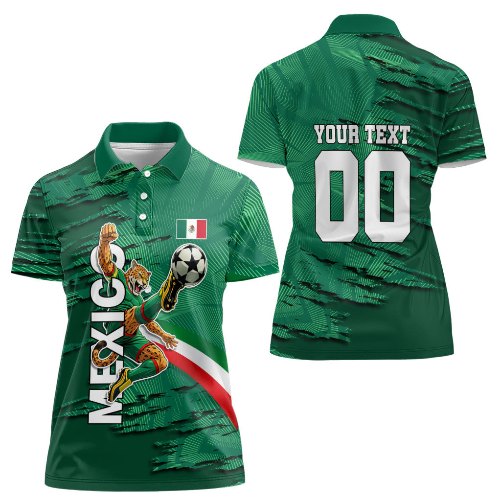 Personalized Mexico Football Women Polo Shirt Jaguar Mascot Artistic Brush Stroke Texture