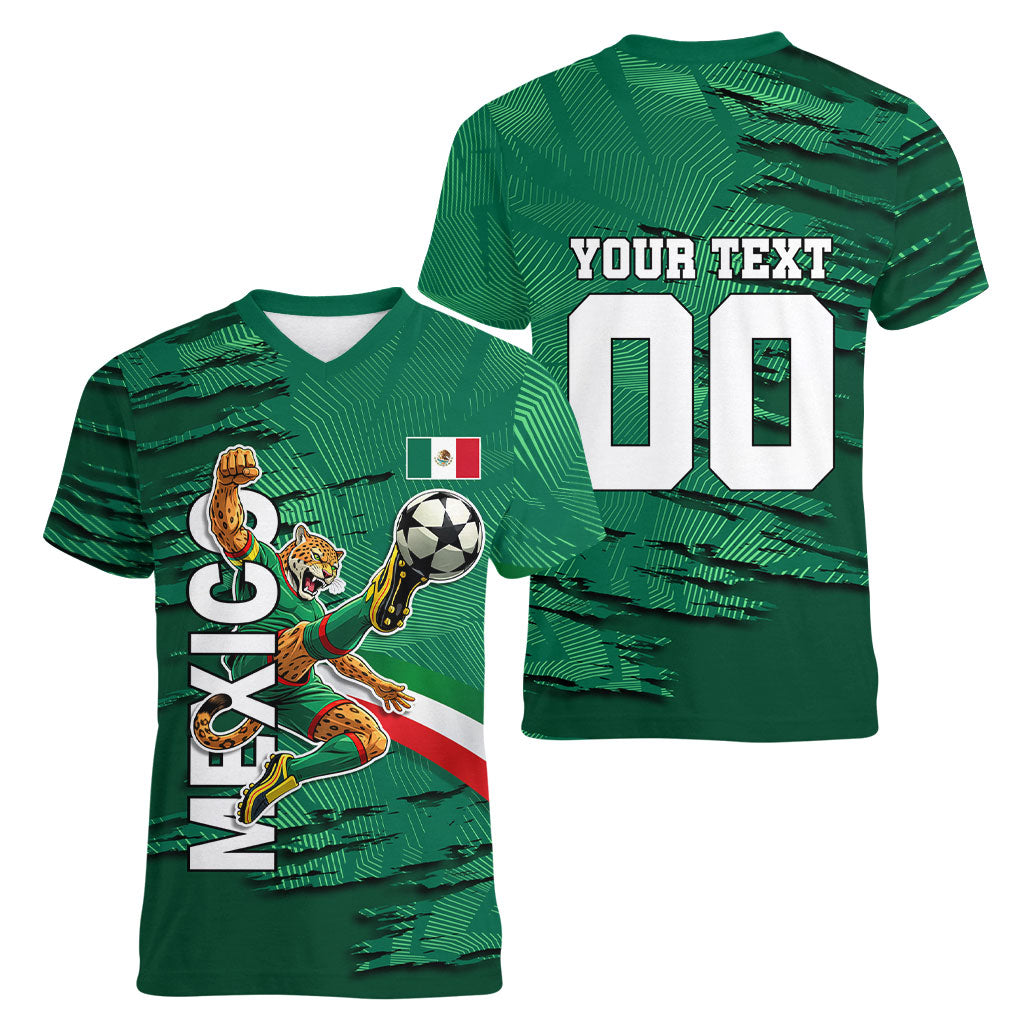 Personalized Mexico Football Women V-Neck T-Shirt Jaguar Mascot Artistic Brush Stroke Texture