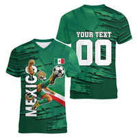 Personalized Mexico Football Women V-Neck T-Shirt Jaguar Mascot Artistic Brush Stroke Texture
