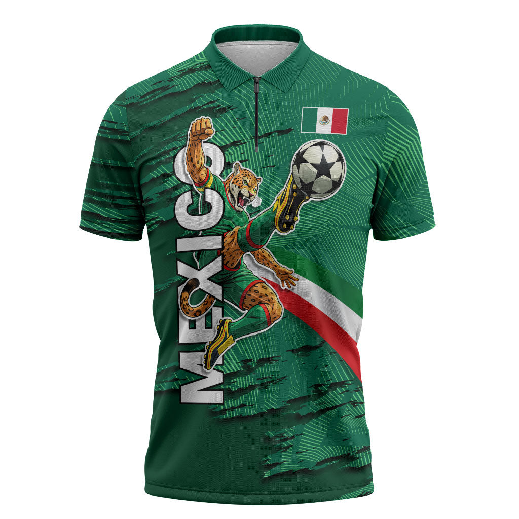 Personalized Mexico Football Zipper Polo Shirt Jaguar Mascot Artistic Brush Stroke Texture