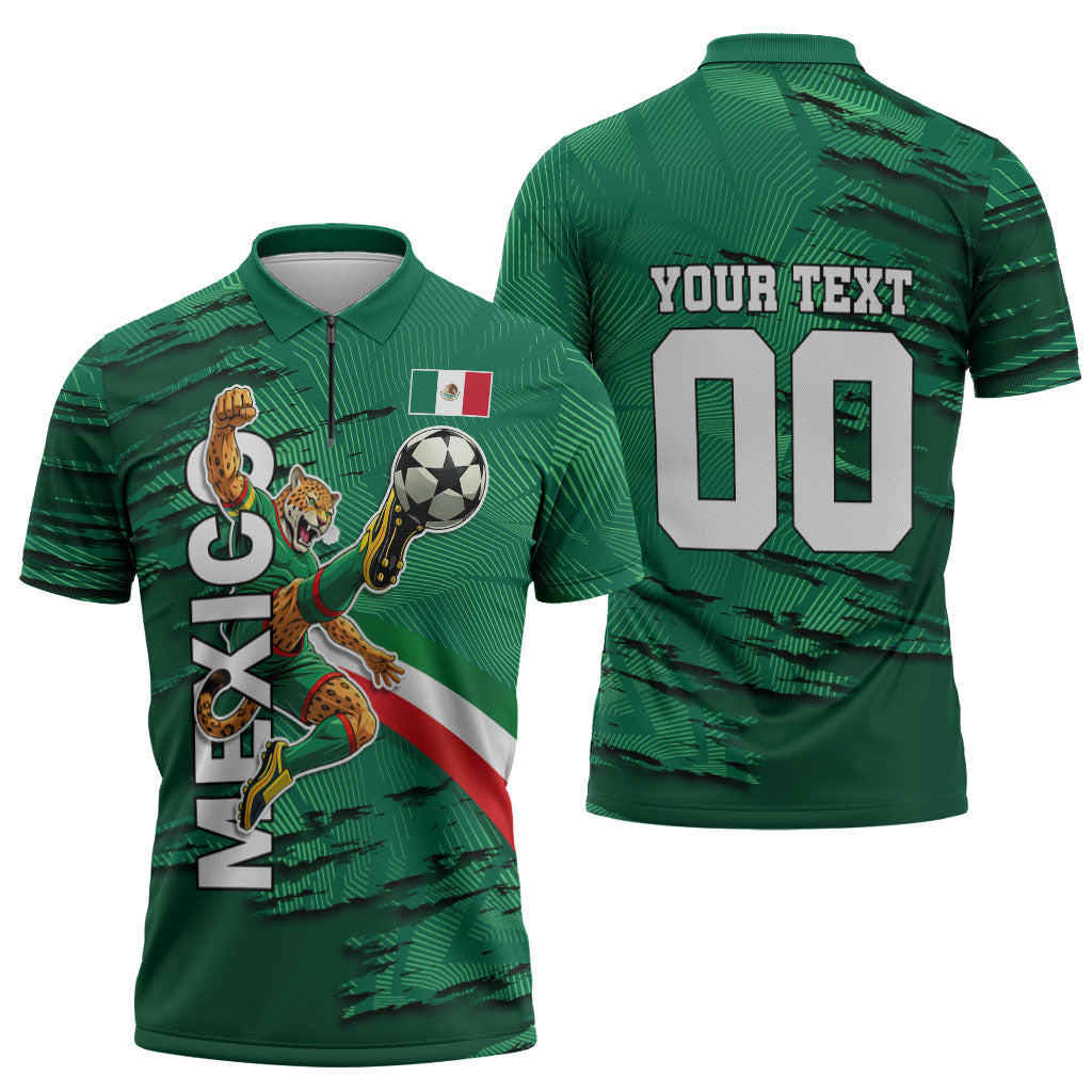 Personalized Mexico Football Zipper Polo Shirt Jaguar Mascot Artistic Brush Stroke Texture