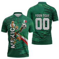 Personalized Mexico Football Zipper Polo Shirt Jaguar Mascot Artistic Brush Stroke Texture