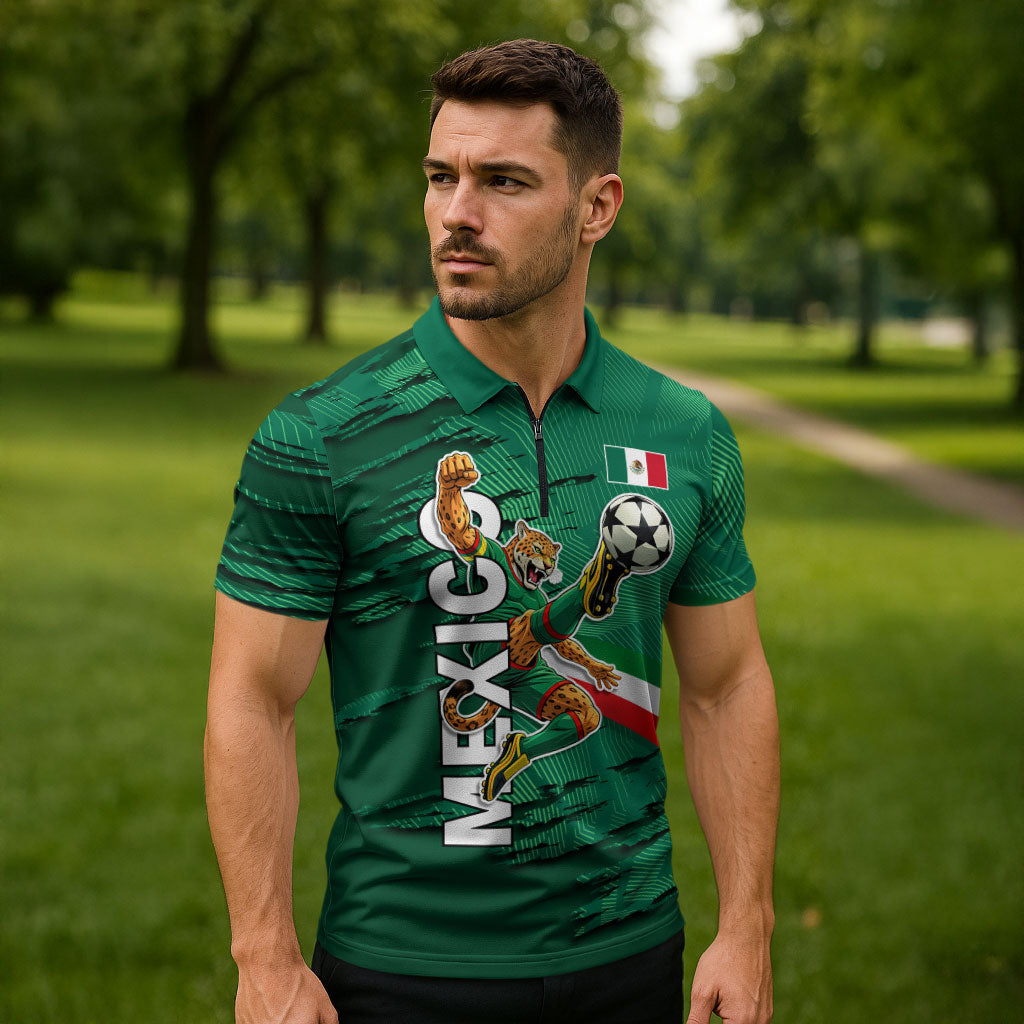 Personalized Mexico Football Zipper Polo Shirt Jaguar Mascot Artistic Brush Stroke Texture