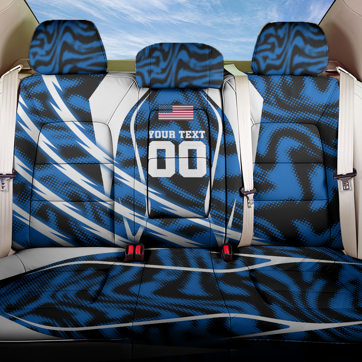 Personalized United States Soccer Back Car Seat Cover USA Patriotic Eagle Mascot - Blue Geometric