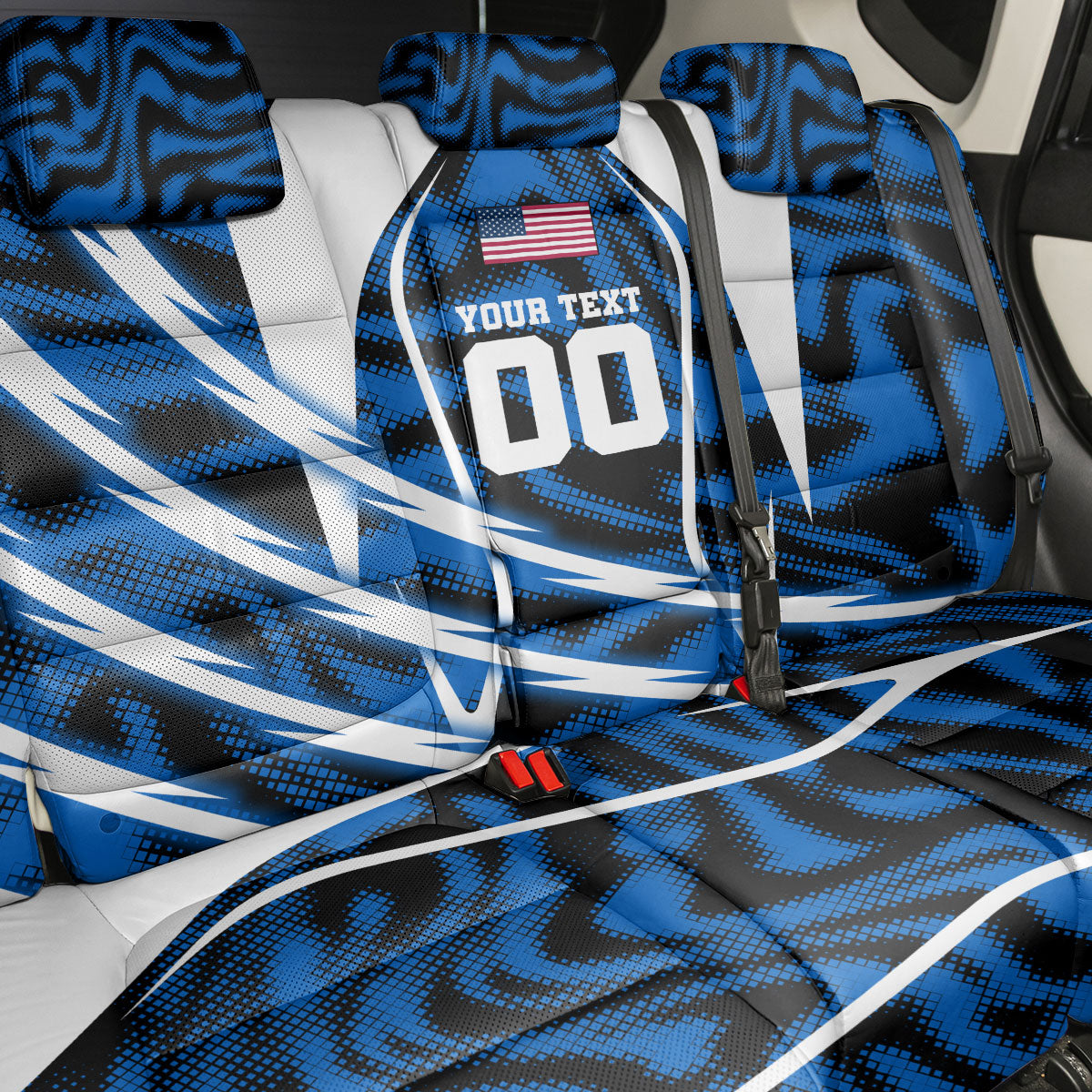 Personalized United States Soccer Back Car Seat Cover USA Patriotic Eagle Mascot - Blue Geometric