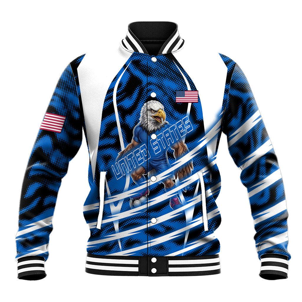 Personalized United States Soccer Baseball Jacket USA Patriotic Eagle Mascot - Blue Geometric
