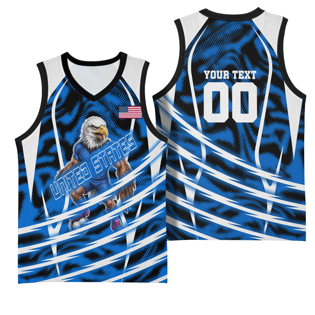 Personalized United States Soccer Basketball Jersey USA Patriotic Eagle Mascot - Blue Geometric
