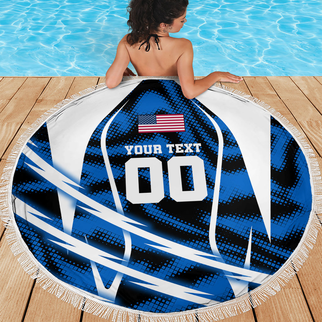 Personalized United States Soccer Beach Blanket USA Patriotic Eagle Mascot - Blue Geometric
