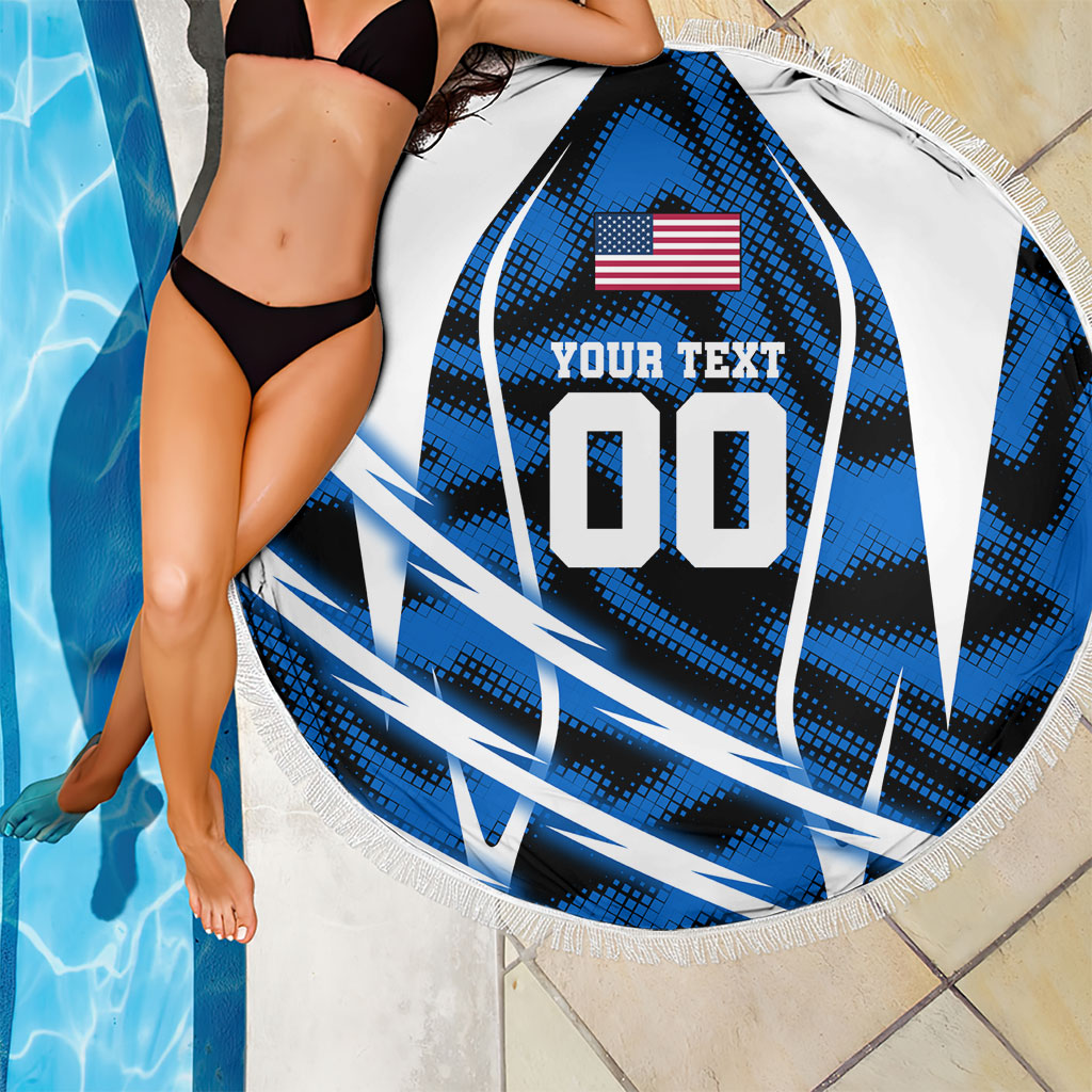 Personalized United States Soccer Beach Blanket USA Patriotic Eagle Mascot - Blue Geometric