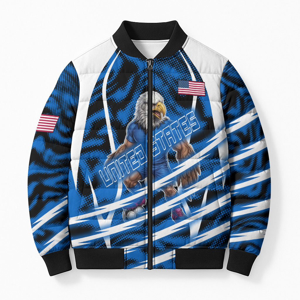 Personalized United States Soccer Bomber Puffer Jacket USA Patriotic Eagle Mascot - Blue Geometric