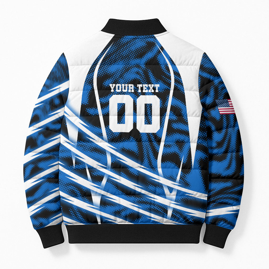Personalized United States Soccer Bomber Puffer Jacket USA Patriotic Eagle Mascot - Blue Geometric