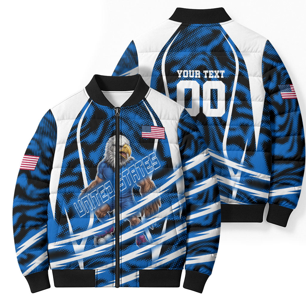 Personalized United States Soccer Bomber Puffer Jacket USA Patriotic Eagle Mascot - Blue Geometric