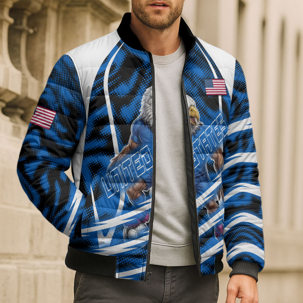 Personalized United States Soccer Bomber Puffer Jacket USA Patriotic Eagle Mascot - Blue Geometric