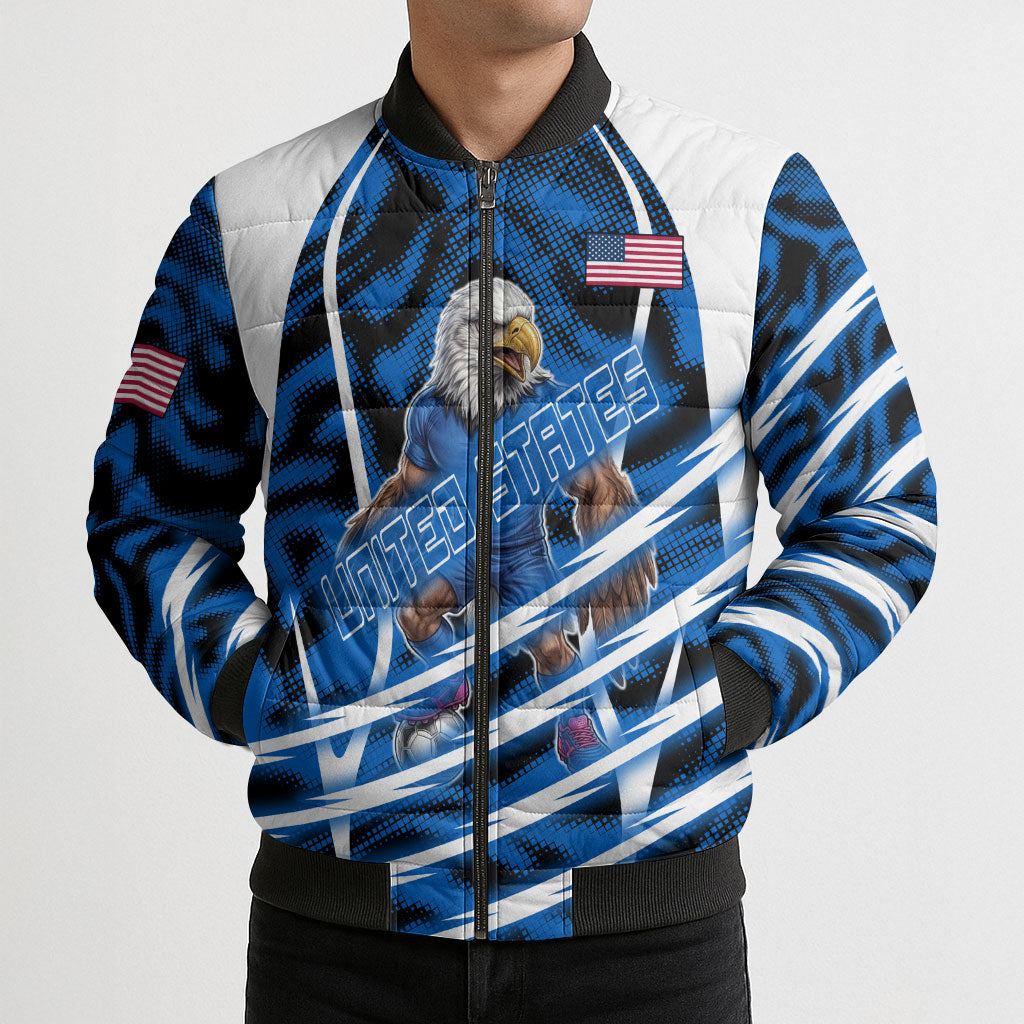 Personalized United States Soccer Bomber Puffer Jacket USA Patriotic Eagle Mascot - Blue Geometric