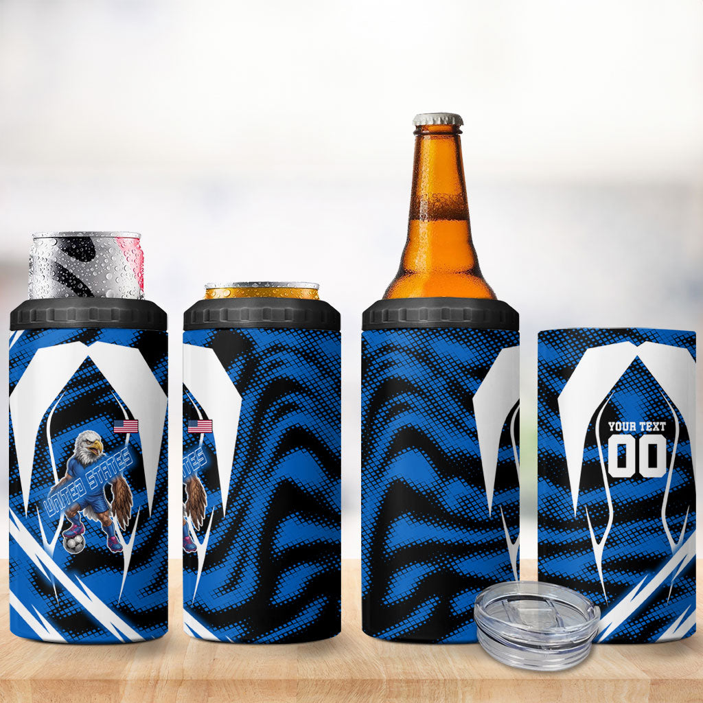 Personalized United States Soccer 4 in 1 Can Cooler Tumbler USA Patriotic Eagle Mascot - Blue Geometric