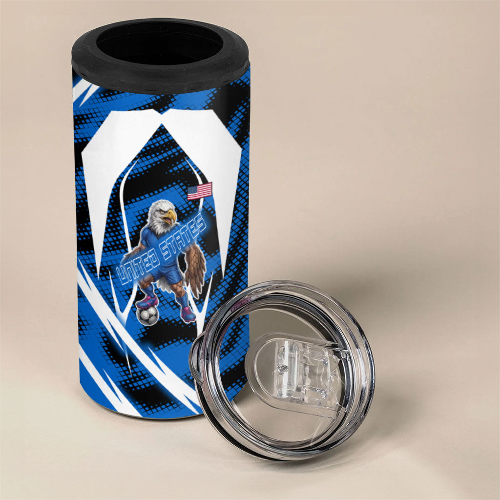 Personalized United States Soccer 4 in 1 Can Cooler Tumbler USA Patriotic Eagle Mascot - Blue Geometric