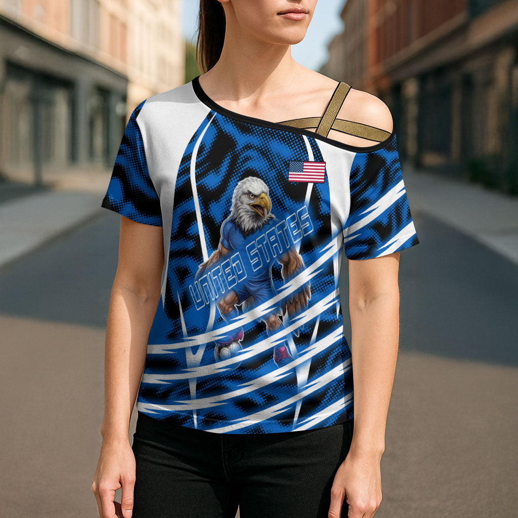 Personalized United States Soccer Cross Shoulder Shirt USA Patriotic Eagle Mascot - Blue Geometric