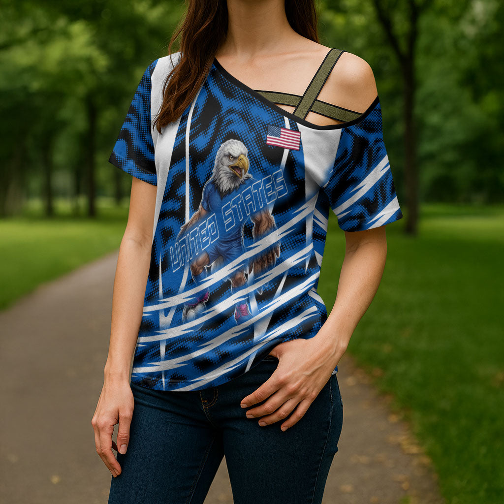 Personalized United States Soccer Cross Shoulder Shirt USA Patriotic Eagle Mascot - Blue Geometric