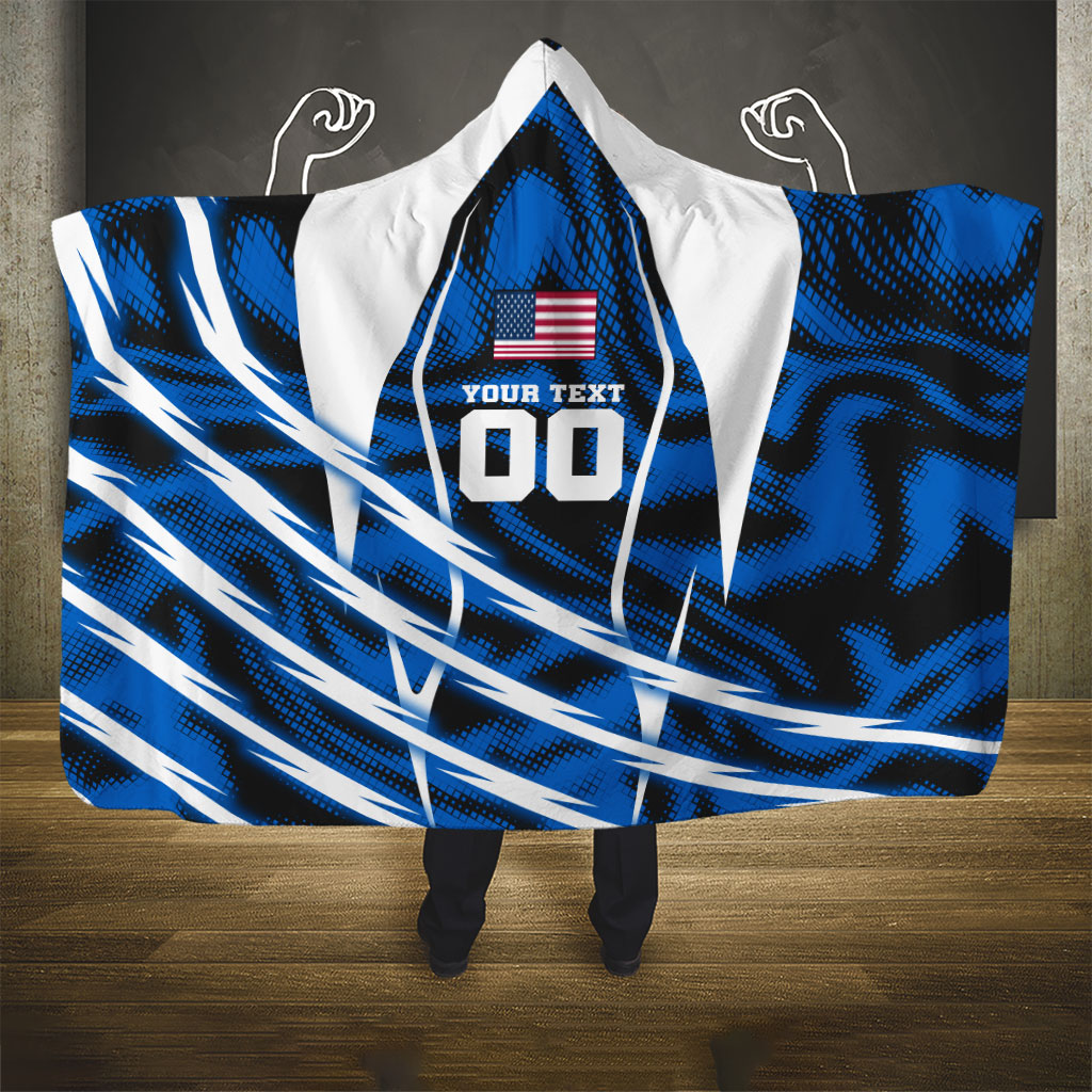 Personalized United States Soccer Hooded Blanket USA Patriotic Eagle Mascot - Blue Geometric