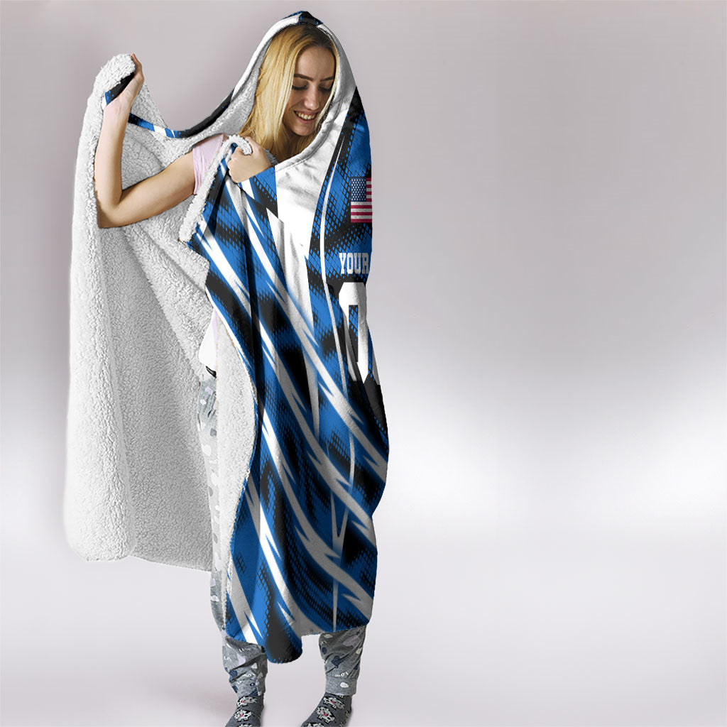 Personalized United States Soccer Hooded Blanket USA Patriotic Eagle Mascot - Blue Geometric