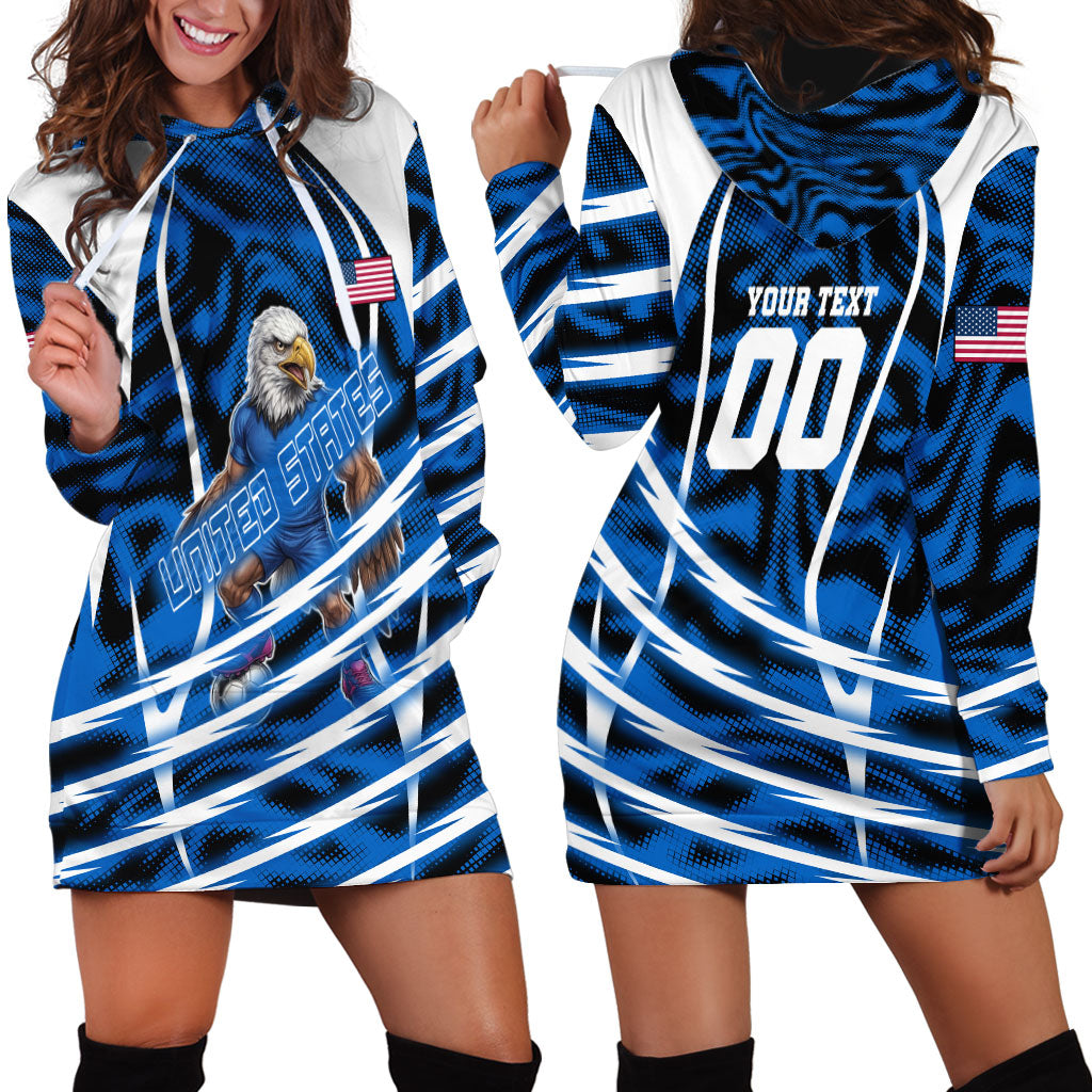 Personalized United States Soccer Hoodie Dress USA Patriotic Eagle Mascot - Blue Geometric