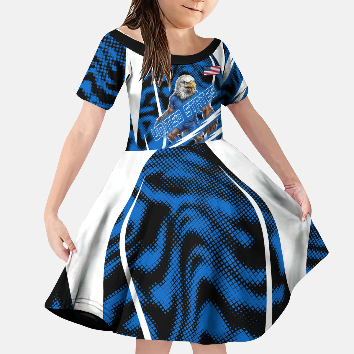 Personalized United States Soccer Kid Short Sleeve Dress USA Patriotic Eagle Mascot - Blue Geometric