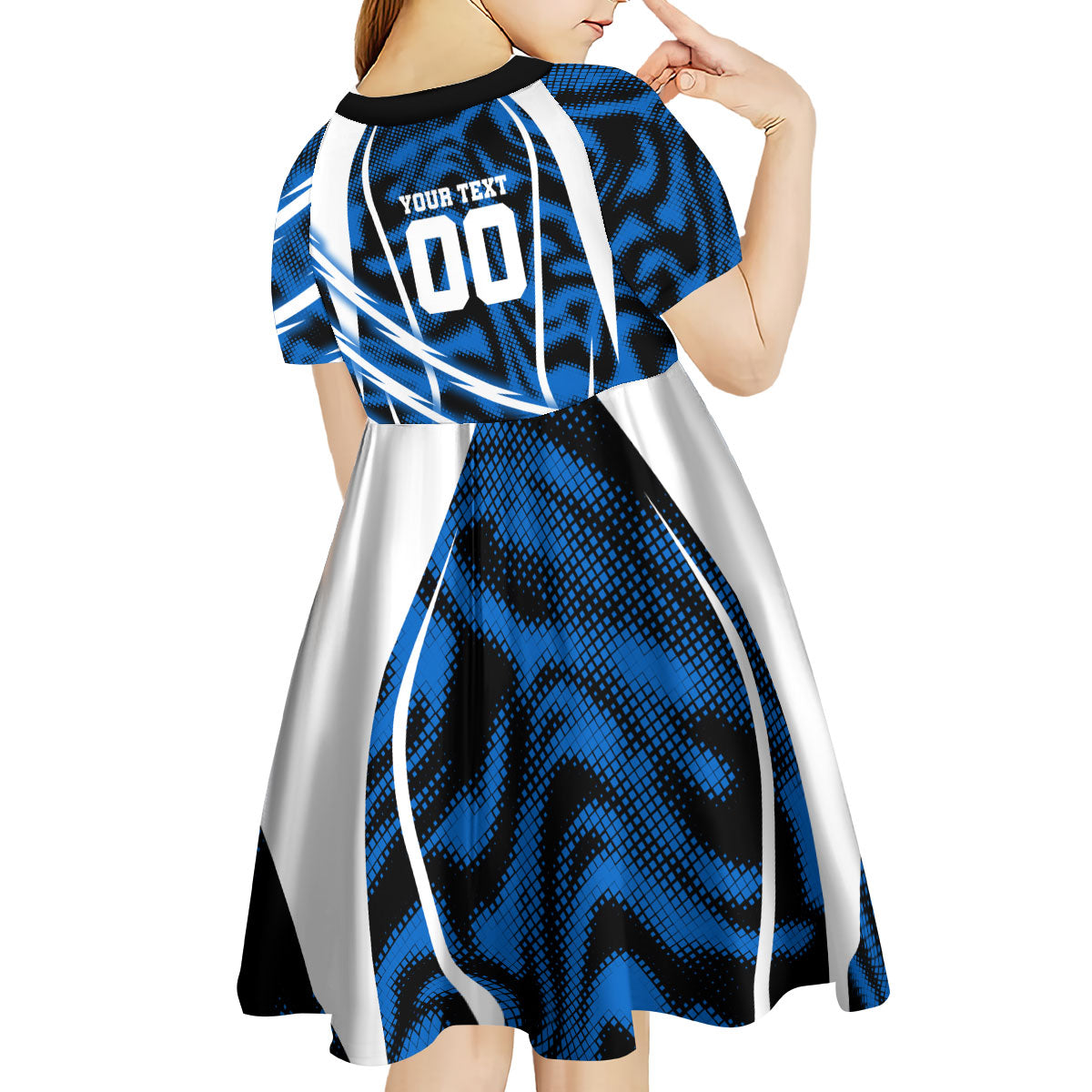 Personalized United States Soccer Kid Short Sleeve Dress USA Patriotic Eagle Mascot - Blue Geometric