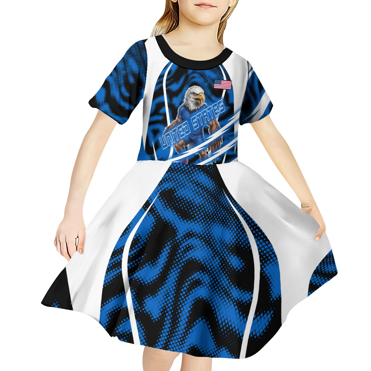 Personalized United States Soccer Kid Short Sleeve Dress USA Patriotic Eagle Mascot - Blue Geometric