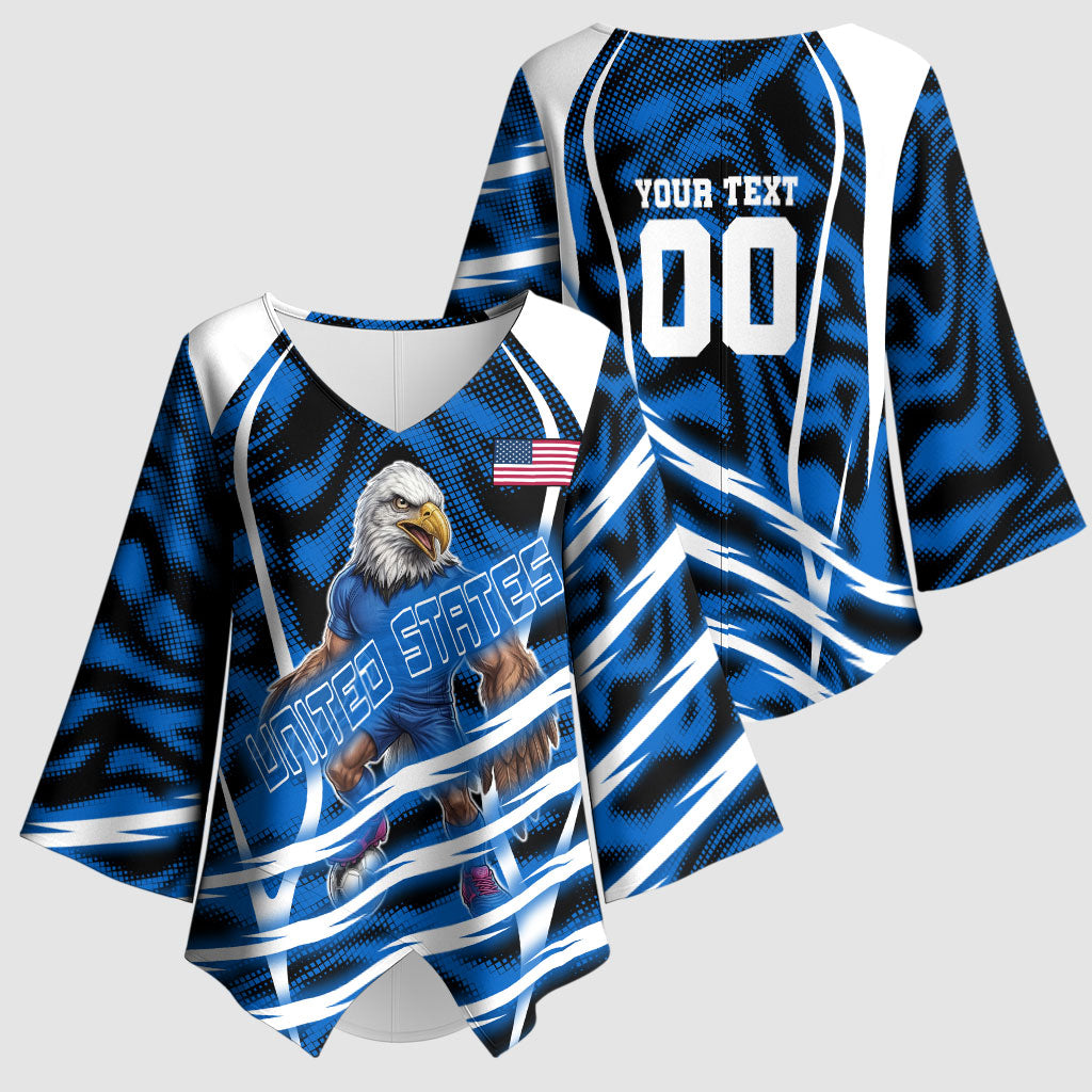 Personalized United States Soccer Kimono Sleeve Blouse USA Patriotic Eagle Mascot - Blue Geometric