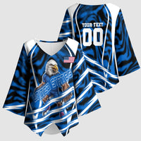 Personalized United States Soccer Kimono Sleeve Blouse USA Patriotic Eagle Mascot - Blue Geometric