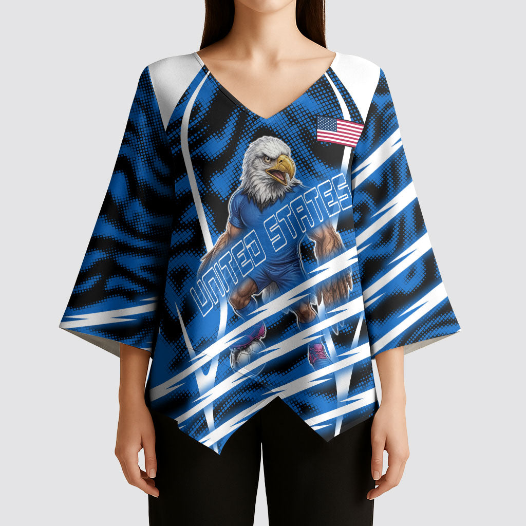 Personalized United States Soccer Kimono Sleeve Blouse USA Patriotic Eagle Mascot - Blue Geometric