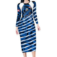 Personalized United States Soccer Long Sleeve Bodycon Dress USA Patriotic Eagle Mascot - Blue Geometric