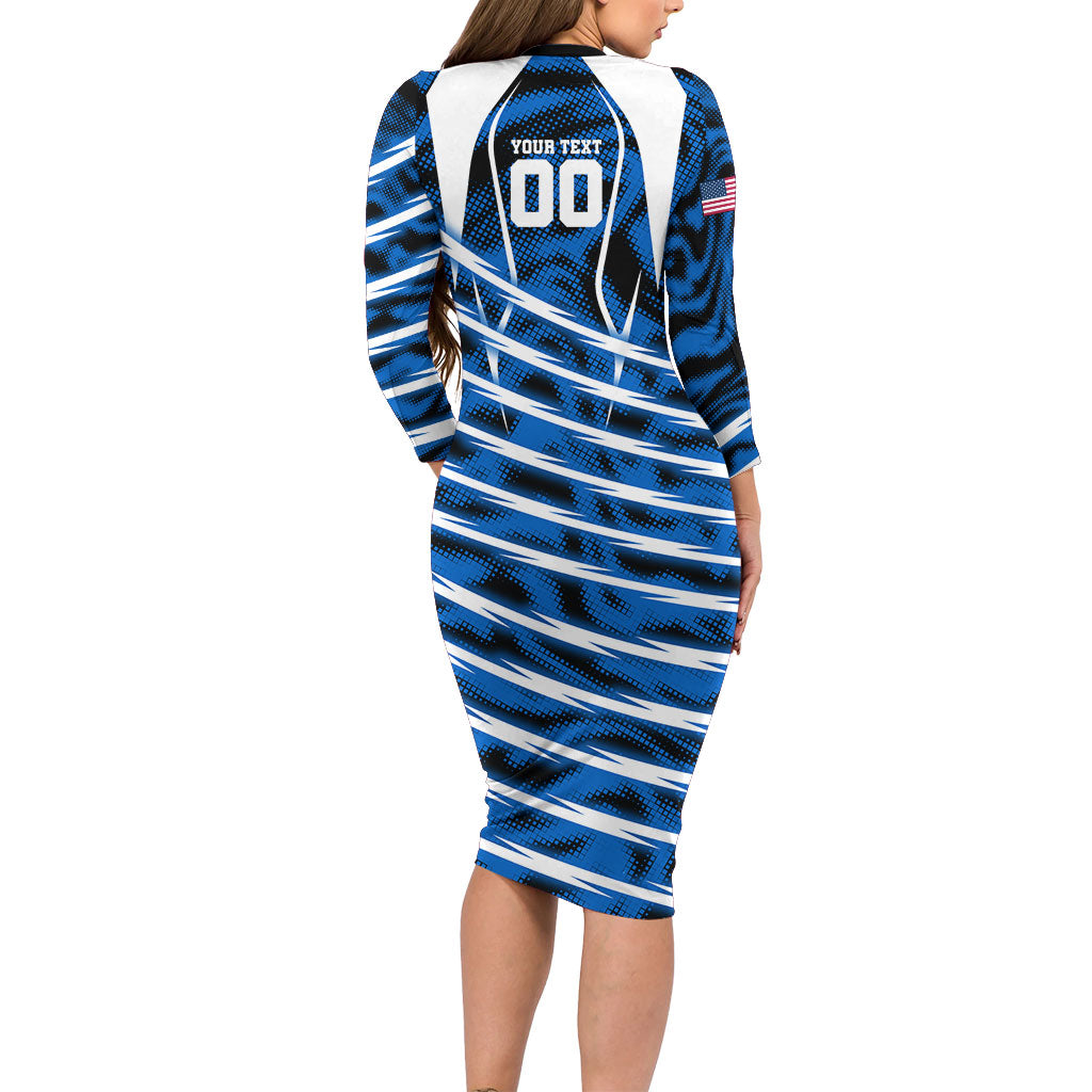 Personalized United States Soccer Long Sleeve Bodycon Dress USA Patriotic Eagle Mascot - Blue Geometric