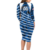 Personalized United States Soccer Long Sleeve Bodycon Dress USA Patriotic Eagle Mascot - Blue Geometric