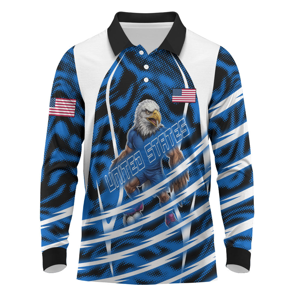Personalized United States Soccer Long Sleeve Polo Shirt USA Patriotic Eagle Mascot - Blue Geometric