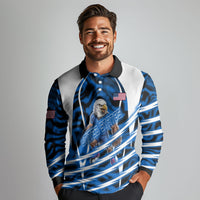 Personalized United States Soccer Long Sleeve Polo Shirt USA Patriotic Eagle Mascot - Blue Geometric