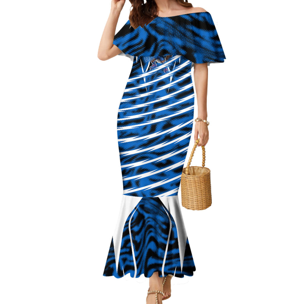 Personalized United States Soccer Mermaid Dress USA Patriotic Eagle Mascot - Blue Geometric