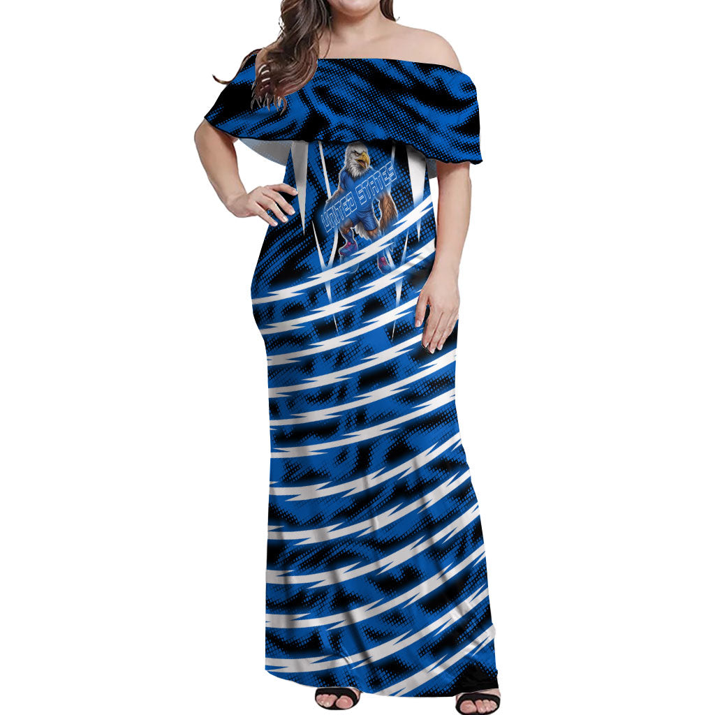 Personalized United States Soccer Off Shoulder Maxi Dress USA Patriotic Eagle Mascot - Blue Geometric