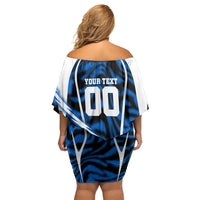 Personalized United States Soccer Off Shoulder Short Dress USA Patriotic Eagle Mascot - Blue Geometric