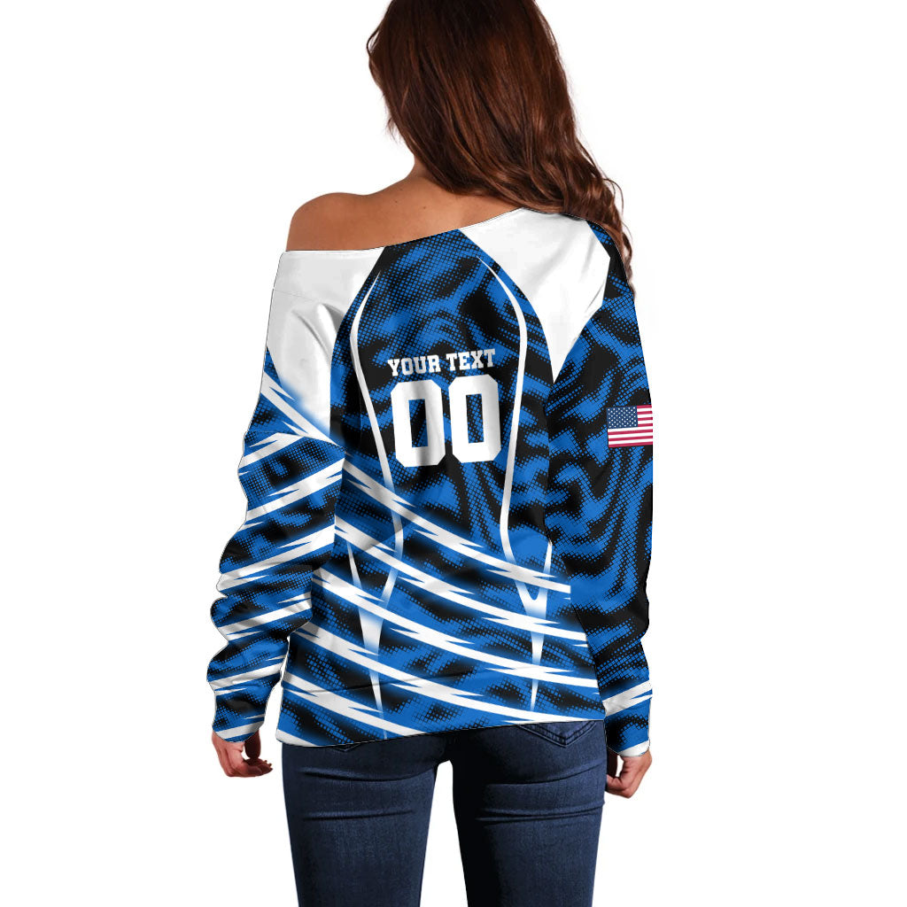 Personalized United States Soccer Off Shoulder Sweater USA Patriotic Eagle Mascot - Blue Geometric