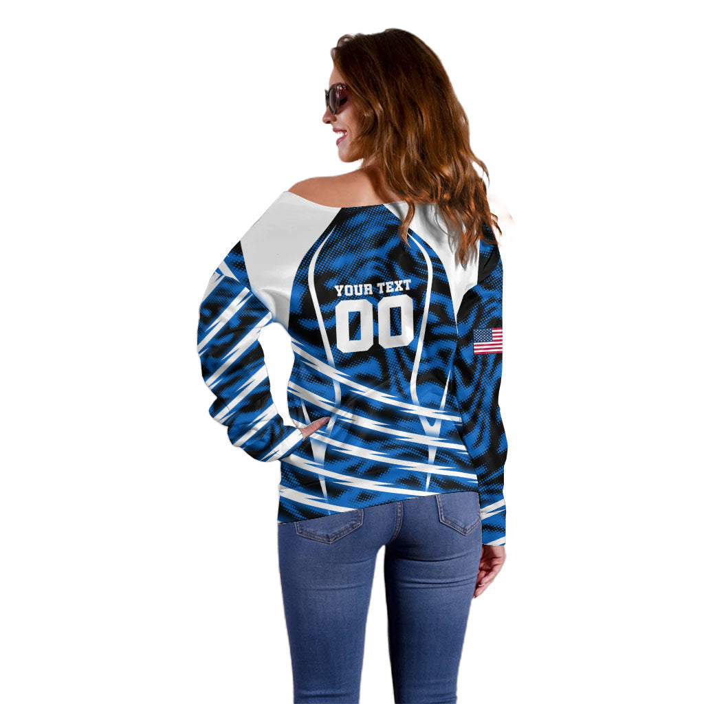 Personalized United States Soccer Off Shoulder Sweater USA Patriotic Eagle Mascot - Blue Geometric