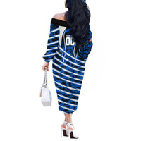 Personalized United States Soccer Off The Shoulder Long Sleeve Dress USA Patriotic Eagle Mascot - Blue Geometric