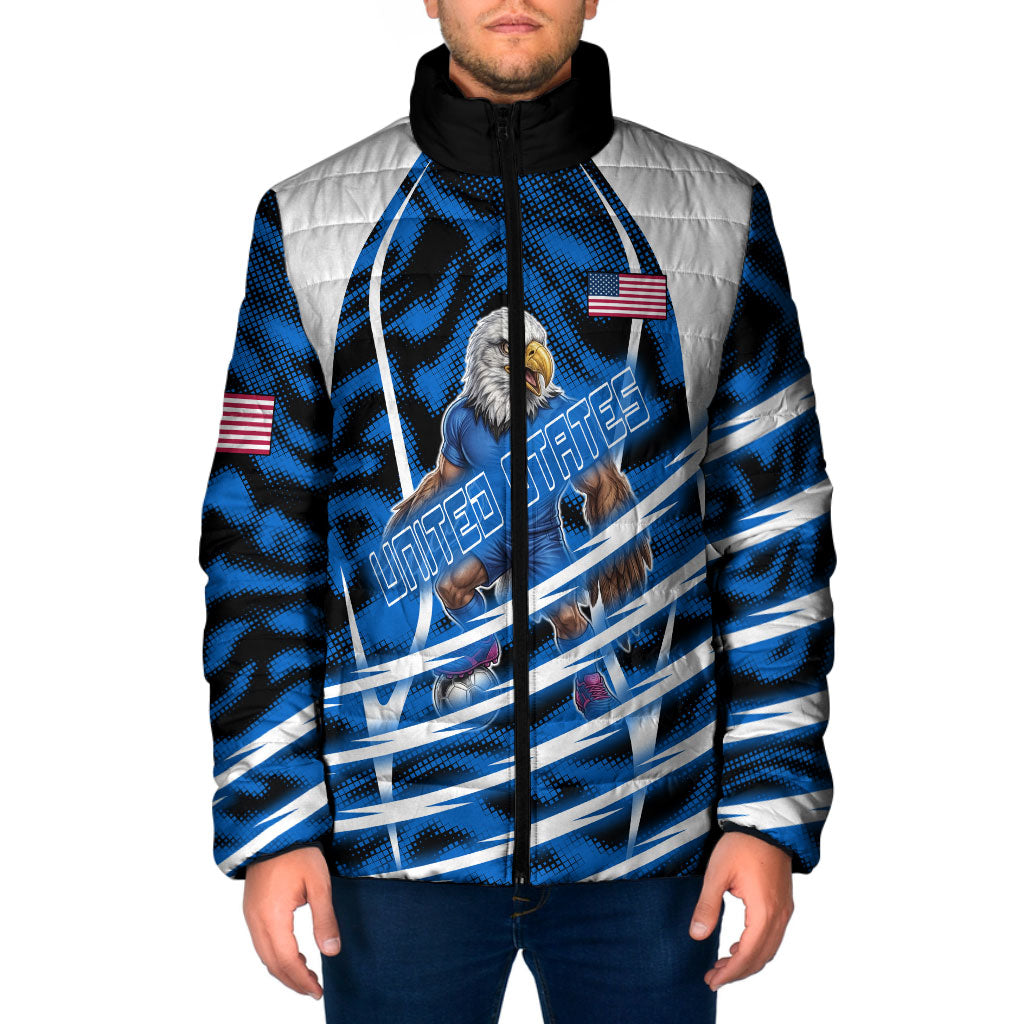 Personalized United States Soccer Padded Jacket USA Patriotic Eagle Mascot - Blue Geometric