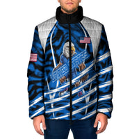 Personalized United States Soccer Padded Jacket USA Patriotic Eagle Mascot - Blue Geometric