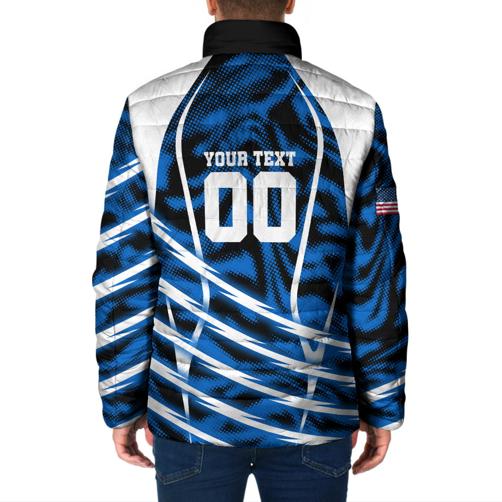 Personalized United States Soccer Padded Jacket USA Patriotic Eagle Mascot - Blue Geometric