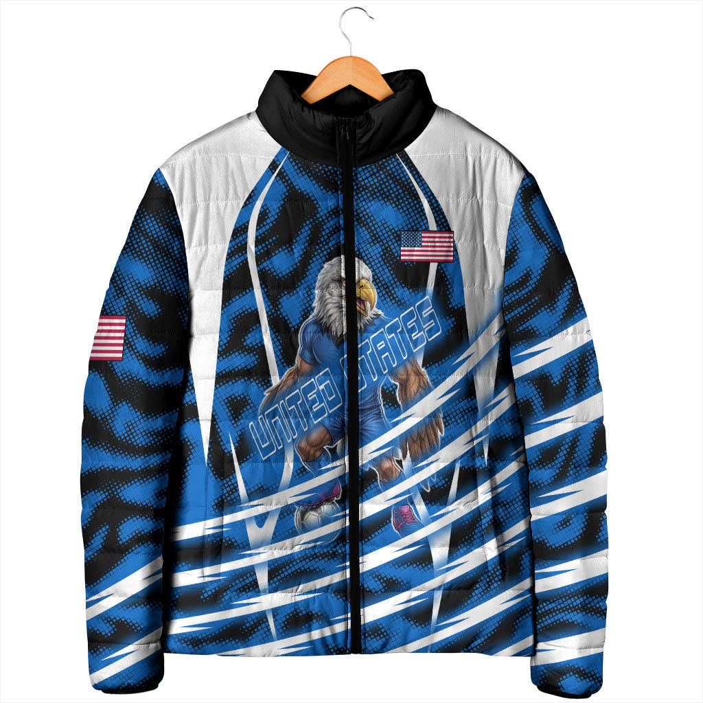 Personalized United States Soccer Padded Jacket USA Patriotic Eagle Mascot - Blue Geometric
