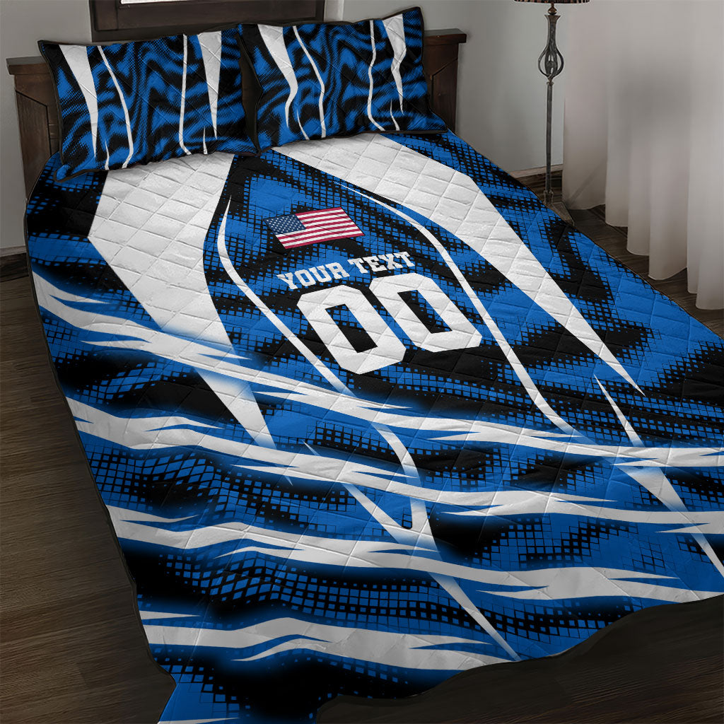 Personalized United States Soccer Quilt Bed Set USA Patriotic Eagle Mascot - Blue Geometric