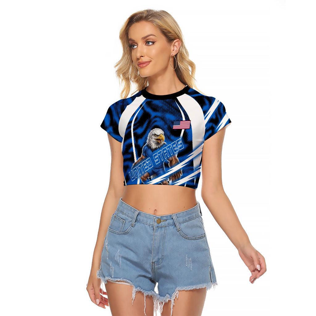 Personalized United States Soccer Raglan Cropped T Shirt USA Patriotic Eagle Mascot - Blue Geometric